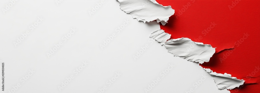 Poster unveiling a crimson secret: a torn paper reveals a vibrant red underlayer, creating a dynamic interp
