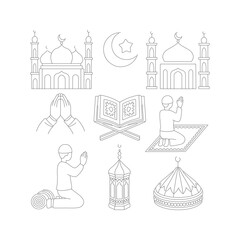 Fototapeta premium A black-and-white line art illustration featuring a set of Islamic-themed icons