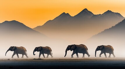 Majestic Elephants Walking Silhouetted Against Sunset Mountains
