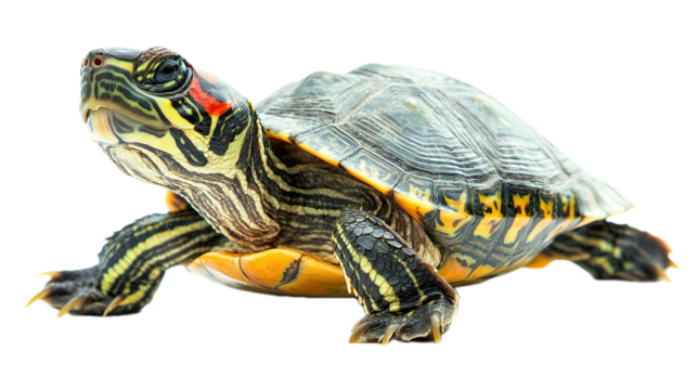 Active red-eared slider turtle in captive environment close-up view wildlife photography natural habitat