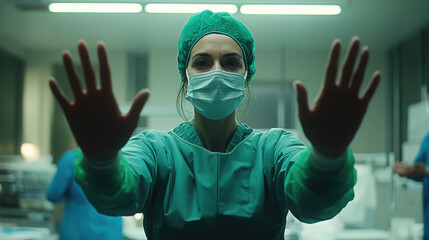Medical professional in surgical scrubs and mask raises hands in a hospital setting during an emergency procedure at night
