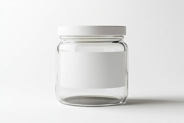 Minimalist transparent glass jar with a blank label, isolated on a white background . commercial mockup container