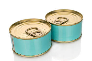 Two metal cans of tuna, close-up, isolated on a white background.