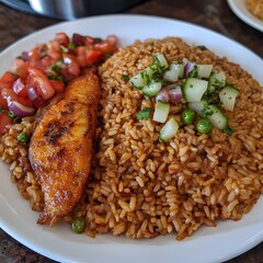 Fototapeta premium Delicious Pan-Fried Fish with Seasoned Rice and Salsa
