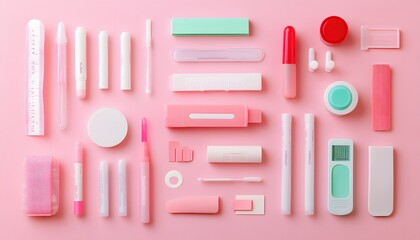 Colorful stationery and office supplies arranged neatly on a soft pink background, perfect for creative projects.
