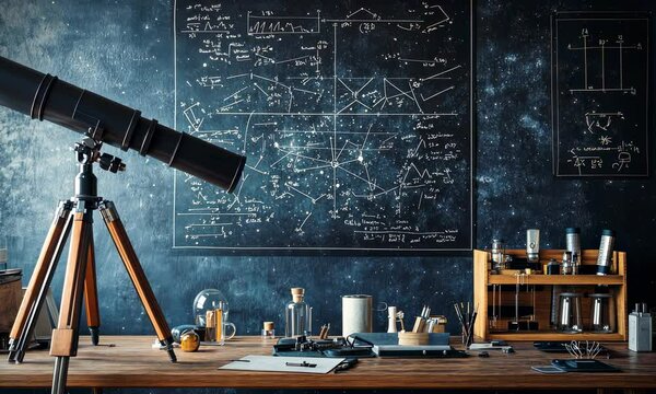 Astrophysicist's workspace with complex equations on a chalkboard and a telescope aimed at the night sky.