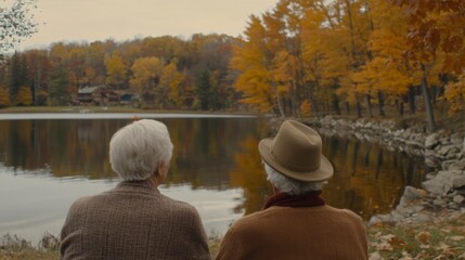 Obraz premium Elderly Couple Enjoying Peace by the Lakeside
