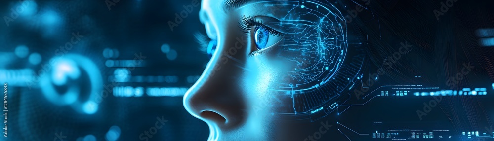 Poster a close-up of a futuristic face, showcasing high-tech elements and digital interfaces, symbolizing t