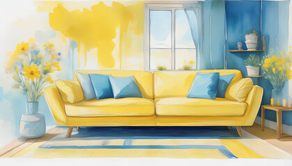 home comfort cosiness room interior watercolor art painting picrure drawing illustration aesthetic decorative soft pastel delicate light tone yellow and blue color