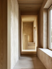 Obraz premium A long interior hallway with the wooden walls and ceiling