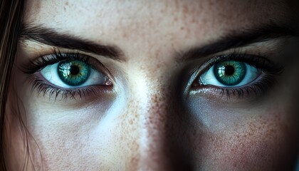 Fototapeta premium A close-up portrait showcasing striking green eyes and natural beauty, capturing emotion and depth in a human gaze.