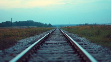 Fototapeta premium Endless railway tracks stretching towards the horizon under a serene, expansive sky, encapsulating freedom and journey.