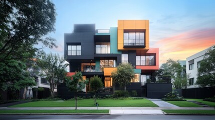 Obraz premium Modern Apartment Building Sunset Colorful Facade Urban Architecture Real Estate