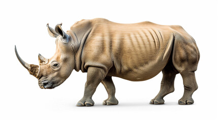 Obraz premium A highly detailed side profile of a rhinoceros standing against a white background 