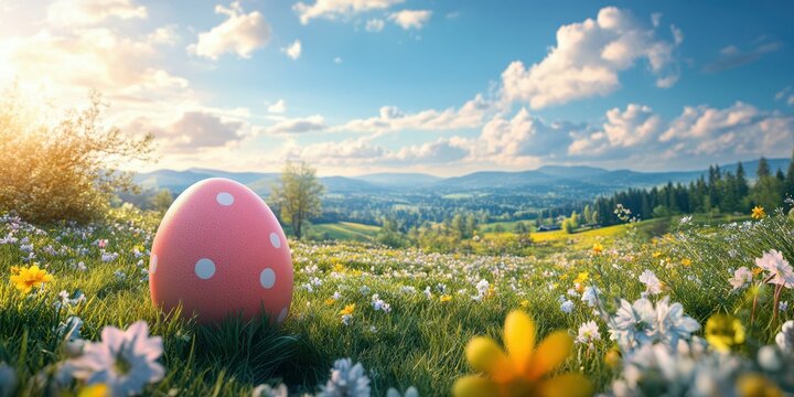 Colorful Easter egg rests in a vibrant flower field under a bright blue sky