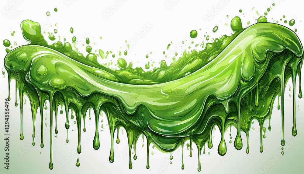 Sticker dripping green goo with splashes and blot effects mucus texture blobs flat illustration isolated on 