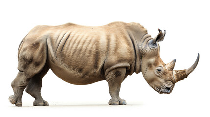 Obraz premium A highly detailed side profile of a rhinoceros standing against a white background 