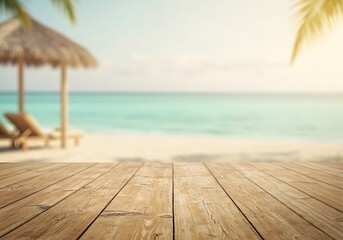 Fototapeta premium Vintage-Style Weathered Wooden Table with Tropical Beach Background – Perfect for Food, Drink, and Lifestyle Advertising