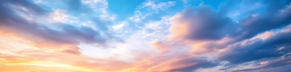 Obraz premium Panoramic sky with beautiful clouds at sunset, featuring blue and orange colors