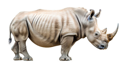 A highly detailed side profile of a rhinoceros standing against a white background 