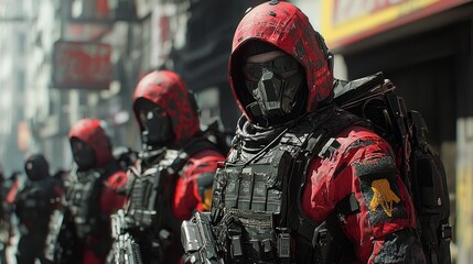 Obraz premium Futuristic Soldiers in Urban Environment with Red Camouflage Gear