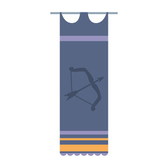 Flat vector illustration of a medieval hanging banner featuring a bow and arrow symbol, used as a decorative or heraldic element