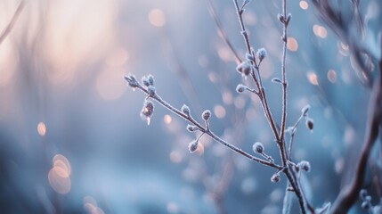 Frost-covered branches glisten in the soft morning light, capturing the serene beauty of a winter landscape.