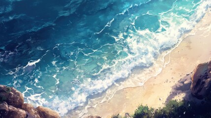 Serene ocean waves meet sandy shore.