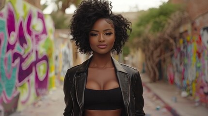Naklejka premium Confident Black Woman in Leather Jacket Urban Graffiti Alleyway