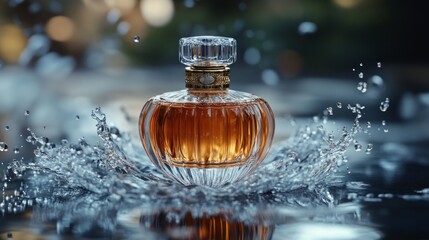 Elegant Perfume Bottle Surrounded by Water Splashing Effect