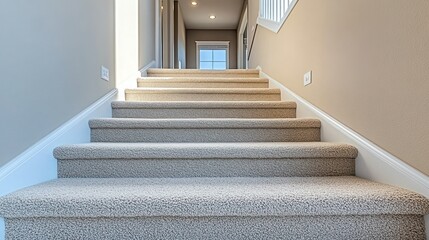Beige carpeted stairs in a light-filled hallway