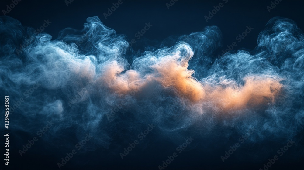 Poster Ethereal clouds of mist twist and swirl in a mesmerizing display, illuminated by a gentle warm light, against a dark backdrop at night. The scene evokes a sense of mystery and wonder