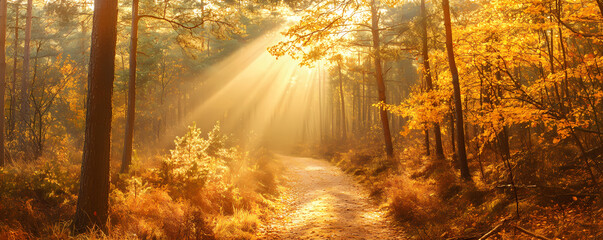 Obraz premium Panoramic view of an autumn forest with sun rays and a path, colorful trees with golden leaves in the park