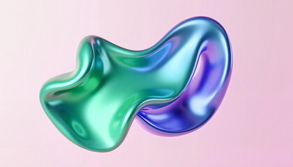 Abstract organic fluid shape in metallic emerald green and deep sapphire blue against a soft pastel pink background, innovative design concept
