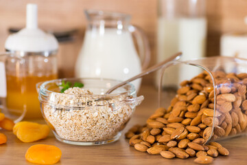 breakfast food set on wooden table