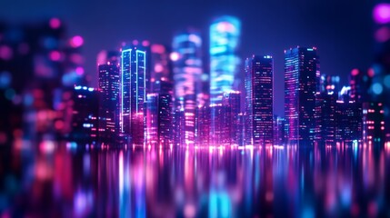Fototapeta premium A vivid cityscape shimmers with neon lights, casting reflections on a rippling surface, creating an entrancing futuristic urban glow.