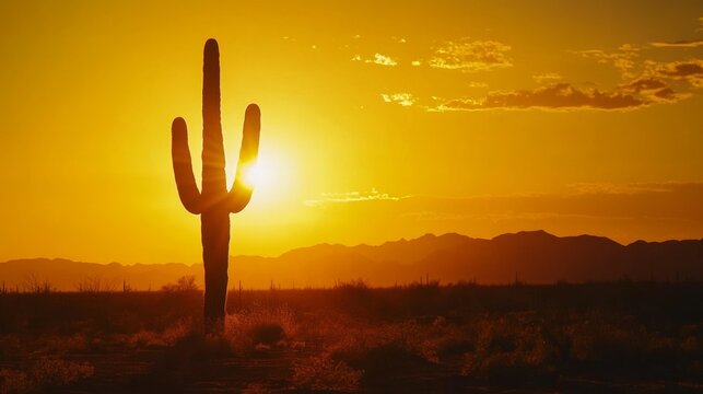 A lone cactus silhouette is framed by the setting sun in a desert landscape, casting long shadows and radiating warmth in golden hues. - Powered by Adobe