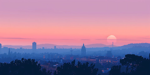 City Skyline at Dusk with Soft Colors and Mountain Silhouettes
