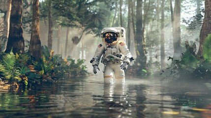 Fototapeta premium Astronaut in Alien Jungle Exploring Lush Foliage Space Exploration Futuristic Sci Fi Sc