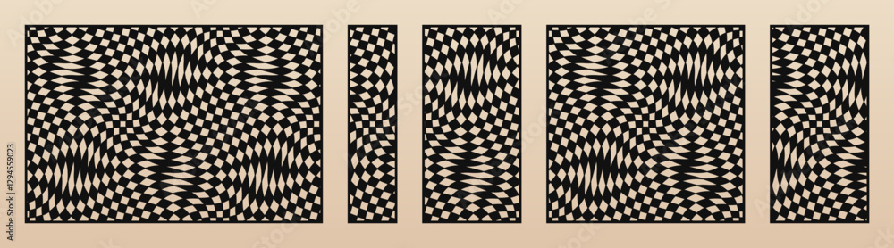 Poster Laser cut patterns. Vector template with abstract geometric texture, distorted checkered grid, groovy shapes. Decorative stencil for CNC cutting of wood, metal, paper. Aspect ratio 3:2, 1:4, 1:1, 1:2