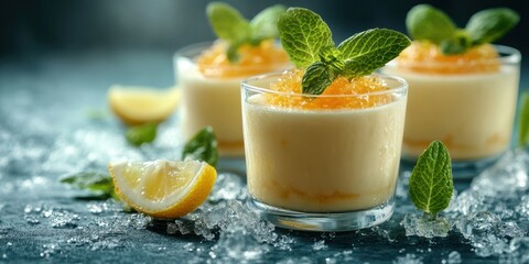 Fototapeta premium Refreshing lemon desserts served in elegant glasses with mint garnish and ice on a serene table