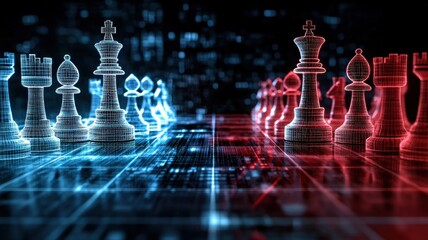 Glowing holographic chess match between two AI supercomputers, futuristic strategy battle, sci-fi cybernetic intelligence theme