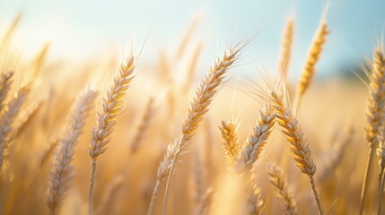 Fototapeta premium Golden wheat stalks sway gently in a sunlit field, embodying the essence of harvest and rural tranquility.