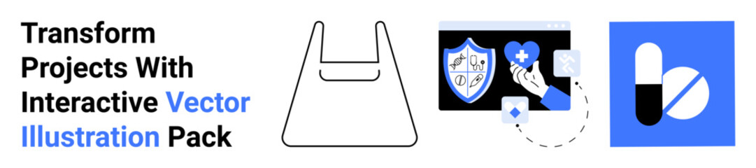 Shield icon with cross and heart, pills image, and eco bag outline showcasing health, sustainability, and pharmacy themes. Ideal for healthcare, sustainability, pharma, retail wellness safety flat