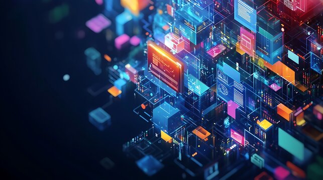 Futuristic Workspace with Neon Data Visualizations, A futuristic workspace featuring multiple screens displaying colorful data visualizations