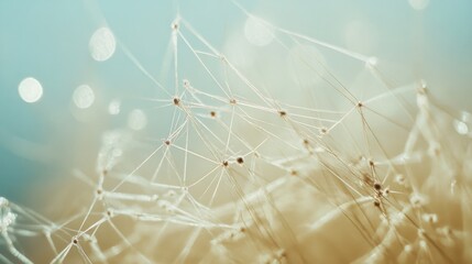 Intricate network of gossamer threads glistens in soft focus, weaving a delicate and airy tapestry against a pastel backdrop.
