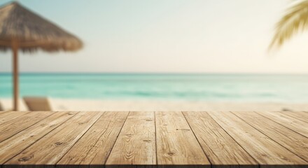 Vintage-Style Weathered Wooden Table with Tropical Beach Background – Perfect for Food, Drink, and Lifestyle Advertising