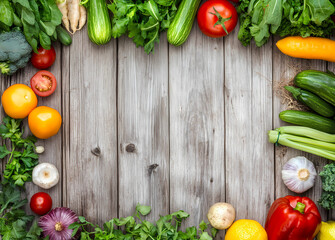 A bunch of fresh vegetables on a wooden background