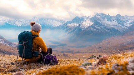 Woman Backpacker Mountain Peak View Hiking Adventure Travel