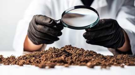 Environmental scientist analyzing soil samples in laboratory setting with a magnifying glass